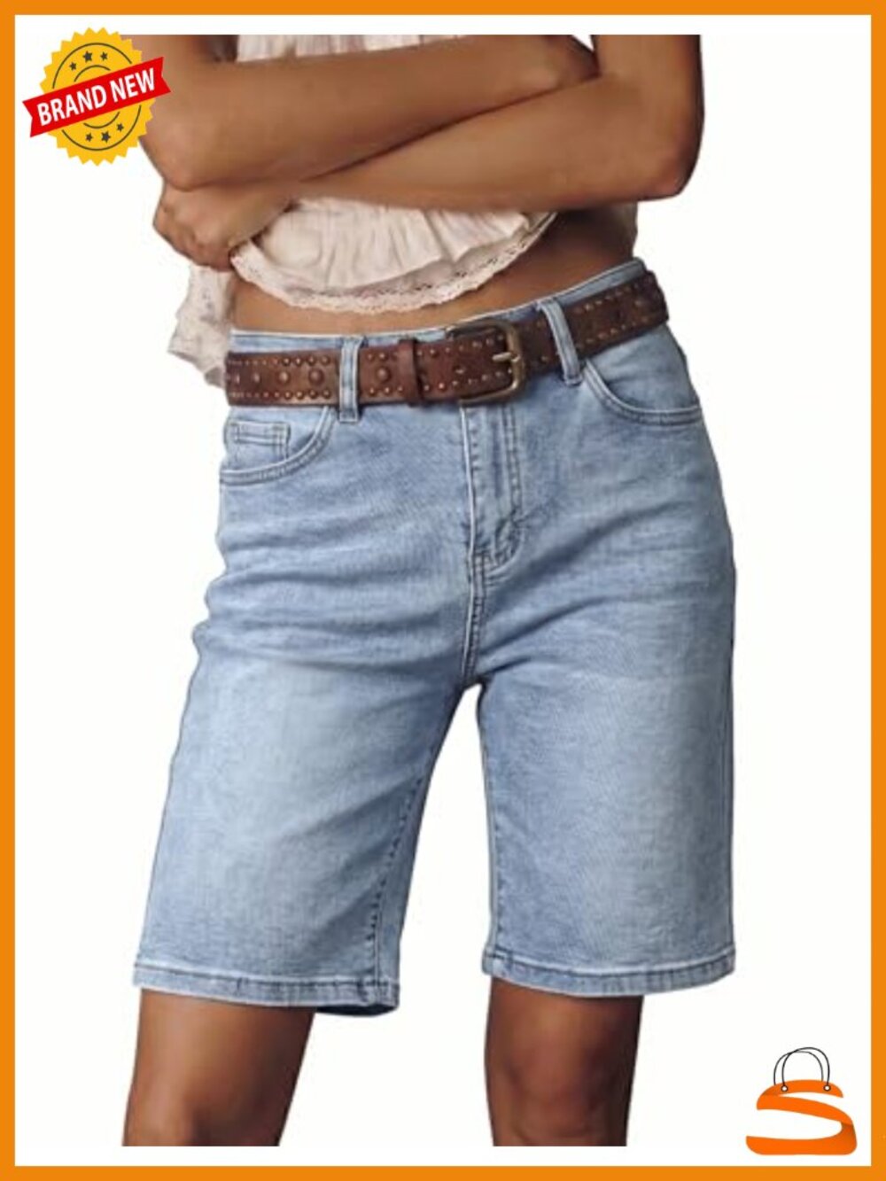 High Waisted Bermuda Jean Shorts Stretchy Denim Long Shorts Relaxed Loose Fit
